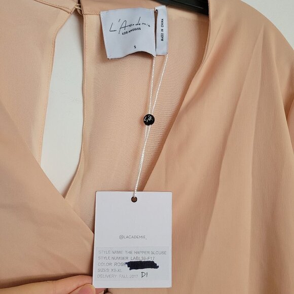 NEW L'Academie The Harper Choker Long Sleeve V Neck Blouse in Rose Pink Sz Small - Picture 11 of 14